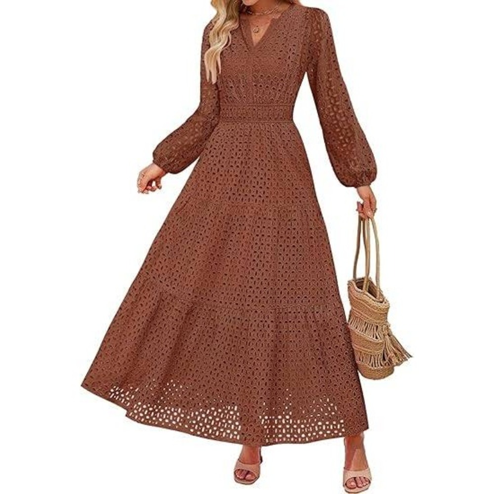 MSRP $78 ZESICA Women's L Brown Fall Long Sleeve Eyelet Maxi Dress V Neck Hollow